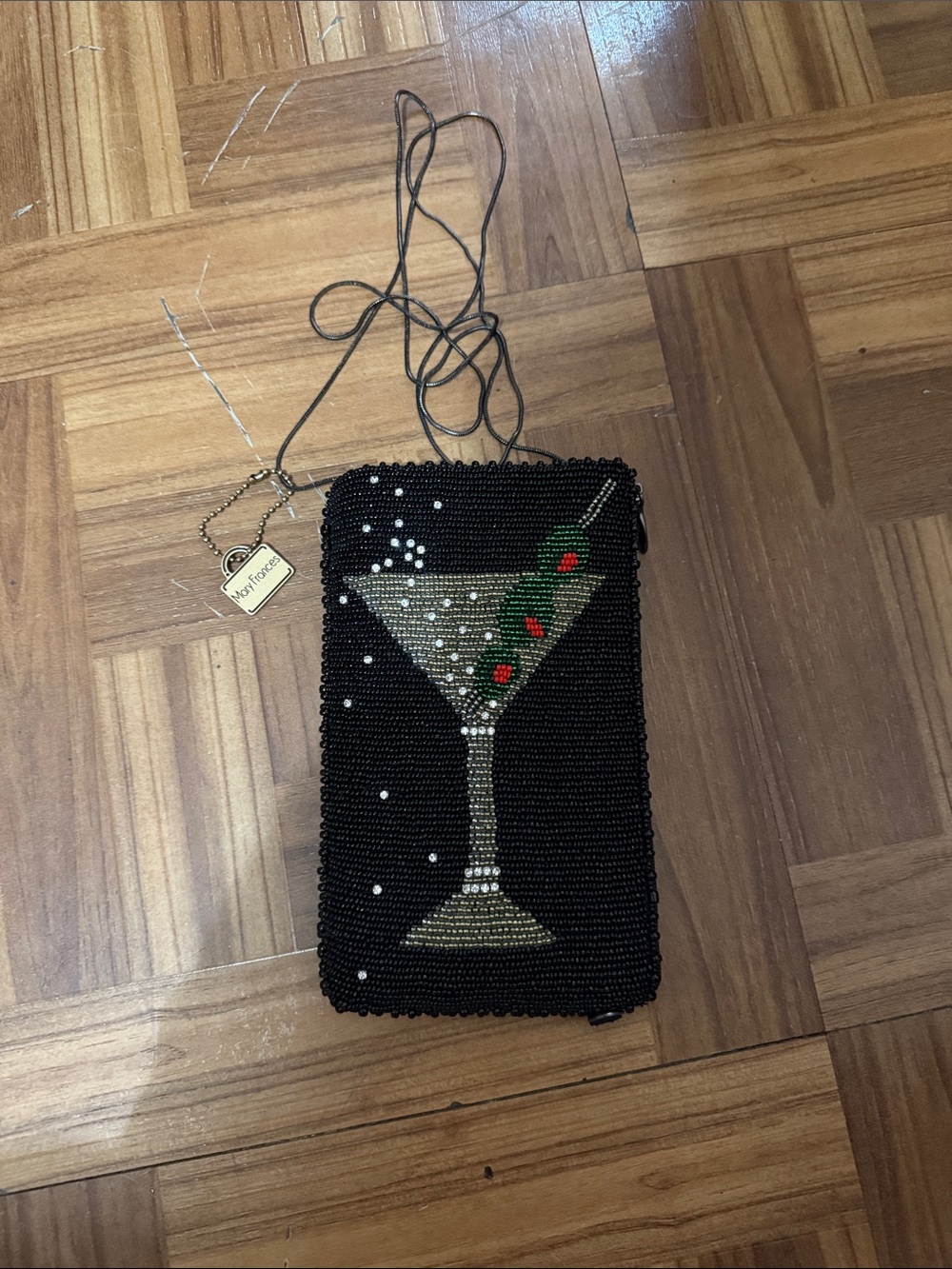 Mary Frances Beaded Martini Glass Crossbody Bag - Black with Green & Red Accents